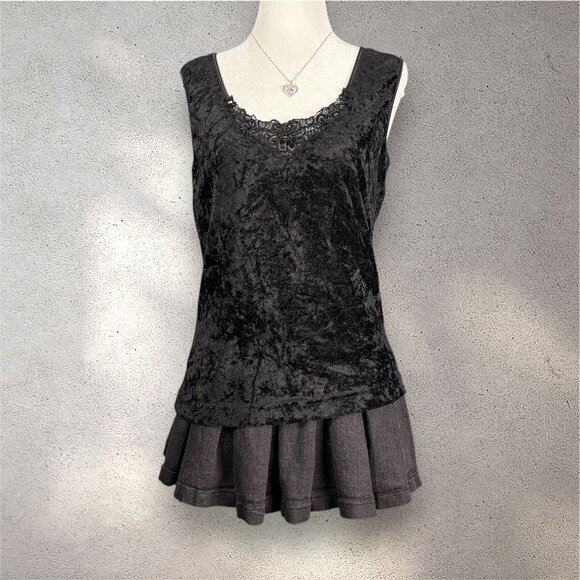 Tops - Whimsygoth Y2K Crushed Velvet Tank Women's S Black Floral Sequins Camisole EUC